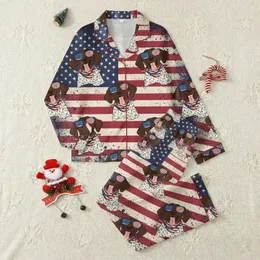 German Shorthaired Pointer Fan Patriotic Pajamas: Distressed US Flag, GSP Dogs in Sunglasses & Bandanas Satin Pajamas Set
