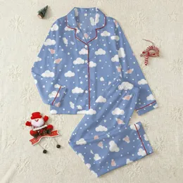 Women's Dreamy Periwinkle Cloud Heart Star Polyester Long Sleeve Lapel Cardigan Pajama Set Satin Pajamas Set