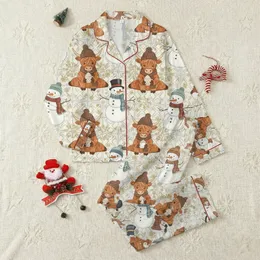 Cozy Winter Highland Cow & Snowman Pajamas: Plaid Hats, Hot Cocoa, Snowflake Pattern Satin Pajamas Set