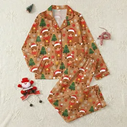 Family Christmas Pajamas: Whimsical Highland Cow Santa Hat, Tree & Snowflake Pattern Satin Pajamas Set