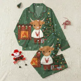 Cozy Highland Cow Pajamas: Fluffy Baby Cow in Plaid Sleep Set, Christmas Fireplace Design Satin Pajamas Set