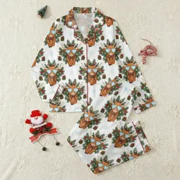 Women's Fluffy Highland Cow Christmas Pajamas: Festive Snowflake Sunglasses & Plaid Bows Pattern Sleep Set Satin Pajamas Set