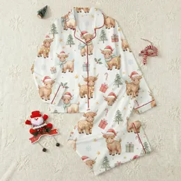 Whimsical Highland Cow Christmas Pajamas: Watercolor Calf, Santa Hat, & Holly Pattern Satin Pajamas Set