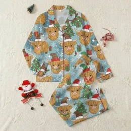 Whimsical Christmas Sleep Set: Festive Highland Cow Elf & Santa Hat Pattern Satin Pajamas Set