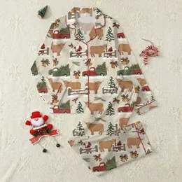 Festive Winter Pajamas: Rustic Santa & Shaggy Highland Cow Farmhouse Design Satin Pajamas Set