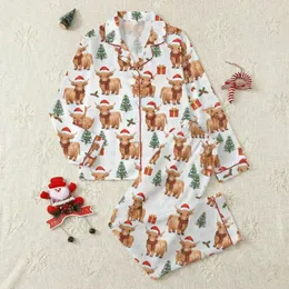 Merry Christmas Highland Cow Sleep Set: Fluffy Santa Hat Cows & Snowy Pine Pattern Satin Pajamas Set