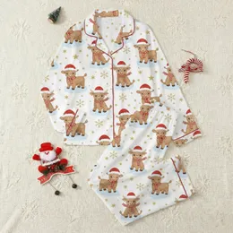 Whimsical Christmas Pajama Pattern: Faux Yarn Chunky Knit Santa Highland Cow & Glitter Satin Pajamas Set