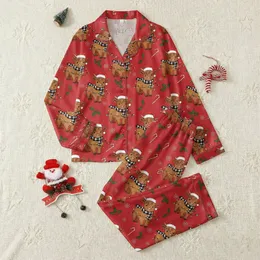 Cute Farmhouse Christmas Highland Cow PNG: Funny Watercolor Santa Hat & Lights Digital Design Satin Pajamas Set