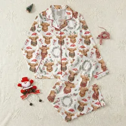 Festive Christmas Pajamas: Watercolor Highland Cow Santa Hat & Holly Seamless Sleep Set Satin Pajamas Set