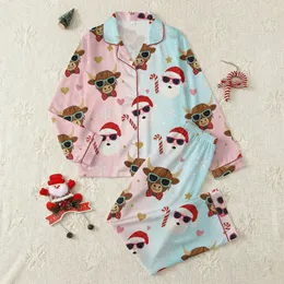 Festive Western Christmas: Whimsical Highland Cow & Santa Faux Yarn Knit Graphic Satin Pajamas Set