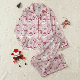 Women's Pastel Pink Whimsical Santa Reindeer Holiday Long Sleeve 2pc Pajama Set Satin Pajamas Set
