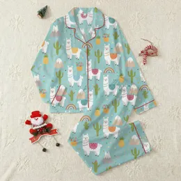 Llama Lover's Personalized Backpack: Whimsical Aqua Blue Llama Cactus Rainbow Design Satin Pajamas Set