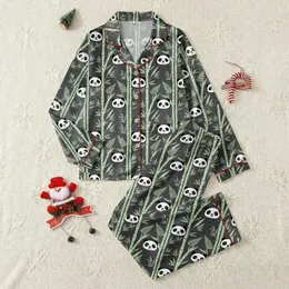 Panda Lover's Loungewear: Adorable Cartoon Panda Faces & Sage Green Bamboo Sleep Set Satin Pajamas Set