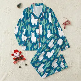 Llama Lover Pajamas: Whimsical White Llama & Cactus Deep Teal Loungewear Set Satin Pajamas Set