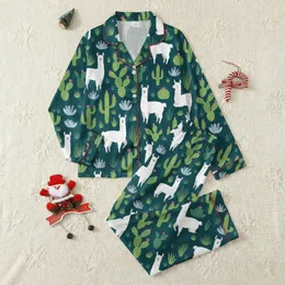 Llama Lover's Personalized Teal Cactus Bloom & Playful Llama All-Over Pattern Pajamas Satin Pajamas Set
