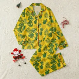 Personalized Tropical Pineapple Pattern Pajamas: Golden Yellow & Emerald Green Design Satin Pajamas Set