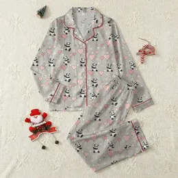 Panda Lover's Sleep Set: Playful Cartoon Pandas, Blush Pink Hearts, Cozy Loungewear Satin Pajamas Set