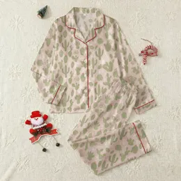 Women's Whimsical Sage Cactus Blossom Pattern Blush Pink Sleep Set Kid Satin Pajamas Set