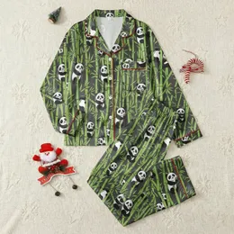 Panda Enthusiast Pajama Set: Playful Cartoon Pandas in Vibrant Lime Green Bamboo Forest Pattern Satin Pajamas Set