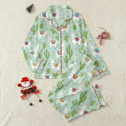 Llama Lover Gift: Whimsical Cartoon Llama & Cactus Mint Green Pajamas Satin Pajamas Set