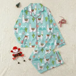 Llama Lover Personalized Pajamas: Whimsical Aqua Llama, Cactus & Balloon Pattern Satin Pajamas Set