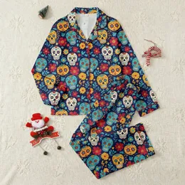 Women's Floral Sugar Skull Pajamas: Folk Art Marigold Pattern - Indigo Sleep Set Satin Pajamas Set