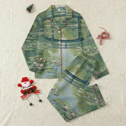 Impressionist Water Lilies Woven Art: Tranquil Pond & Japanese Bridge Design Satin Pajamas Set