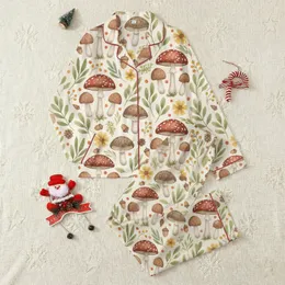 Women's Cottagecore Mushroom Pajamas: Botanical Amanita & Moss Woodland Sleep Set Satin Pajamas Set