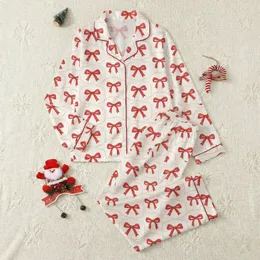 Children's Nutcracker Clara: Hand-Drawn Red Bow & Stitch Soft Knit Loungewear Satin Pajamas Set