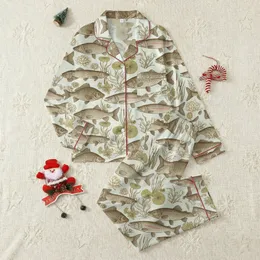 Men's Fishing Enthusiast Sleepwear: Vintage Scientific Fish & Flora Print Pajamas Satin Pajamas Set