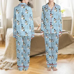 Family & Pet: Whimsical Sky Blue Snowman Dog Winter Pattern Personalized Cozy Loungewear Ensemble Satin Pajamas Set