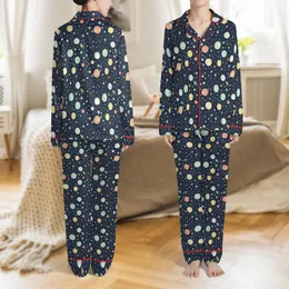 Kids' Hand-Drawn Cosmic Planets, Stars & Rockets Slate Blue Sleep Set Satin Pajamas Set