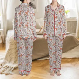 Dog Whimsical Autumn Woodland Fox & Rabbit Print Loungewear - Soft Cotton Sleepwear Satin Pajamas Set