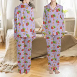 Kids' Cute Anime Style Lavender Purple Geometric Green Turtle Pattern Soft Stretch Pajamas Satin Pajamas Set