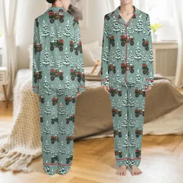 Boys & Family Christmas Sleepwear: Rustic Monster Truck Pine Tree Design - Two-Piece Loungewear Satin Pajamas Set