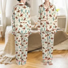 Western Santa Family: Illustrative Horse, Teal Cacti Desert Pattern - Matching Holiday Sleepwear Satin Pajamas Set