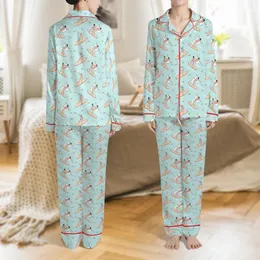 Women's Flat Illustrative Aqua Ocean Surfer Satin 2-Piece Sleep Set Satin Pajamas Set
