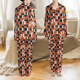 Women's Personalized Geometric Rust Orange Silky Short Sleeve Long Pants Pajamas Satin Pajamas Set