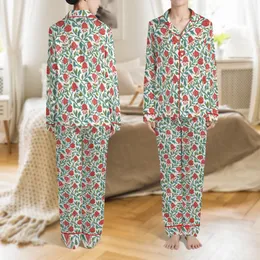 Women's Hand Block Printed Coral Red Bellflower Teal Leaf Pure Cotton Sleepwear Set Satin Pajamas Set