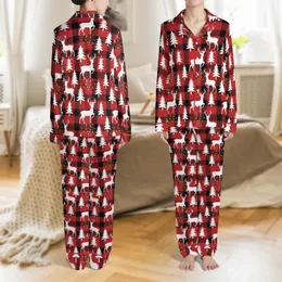 Matching Family Personalized 2025 Christmas Buffalo Plaid Deer & Pine Holiday Sleepwear Satin Pajamas Set