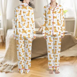 Golden Retriever Dog Lover's Cheerful Puppy & Adult Vector Pattern Soft Sleepwear Ensemble Satin Pajamas Set