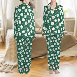 Cat Lover's Personalized Deep Green Kitten Faces Photo & Name All-Over Print Custom Long Sleeve Pajamas Satin Pajamas Set