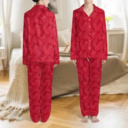 Women's Vibrant Red Ostrich Feather Trim & Plume Pattern Luxurious Sleep Set Satin Pajamas Set