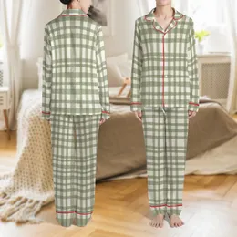 Women's Rustic Khaki Green Plaid Linen Comfort Ensemble Satin Pajamas Set