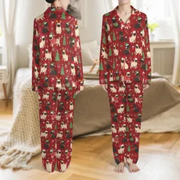 Women's & Pug Lovers Pajamas: Deep Red Christmas Pattern with Santa Hat Pugs & Snowflakes Satin Pajamas Set