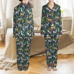Women's Navy Jungle Animal Print Ultra-Soft Cotton Sleepwear Ensemble: Hand Block Leopard Zebra Bird Design Satin Pajamas Set