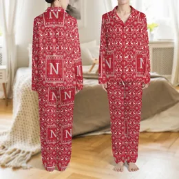 Family Kids Adults Personalized Initial Red Fair Isle Nordic Reindeer Cotton Sleep Set Satin Pajamas Set
