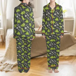 Men's Whimsical Dinosaur Bone Satin Lounge Pants: Vibrant Green T-Rex Stegosaurus Print Satin Pajamas Set
