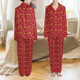 Couples' Ruby Red King Queen Pajamas: Gold & Rose Gold Crown Script Pattern - Soft Flannel Sleepwear Satin Pajamas Set