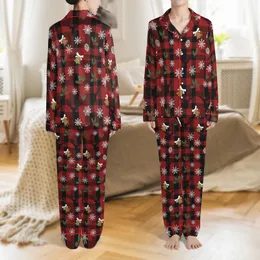 Rustic Winter: Red Black Buffalo Plaid Reindeer Snowflake Holly Berry Pattern Art Satin Pajamas Set
